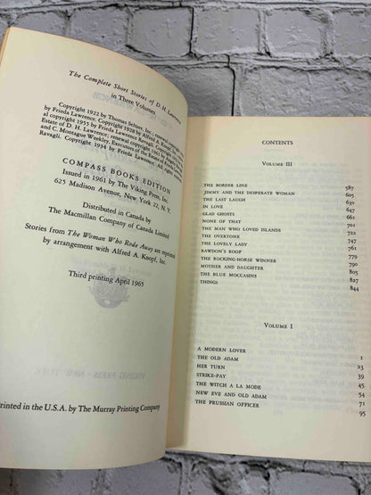 The Complete Short Stories of D.H. Lawrence Volume Three, 1965 Viking Compass paperback - copyright page and contents