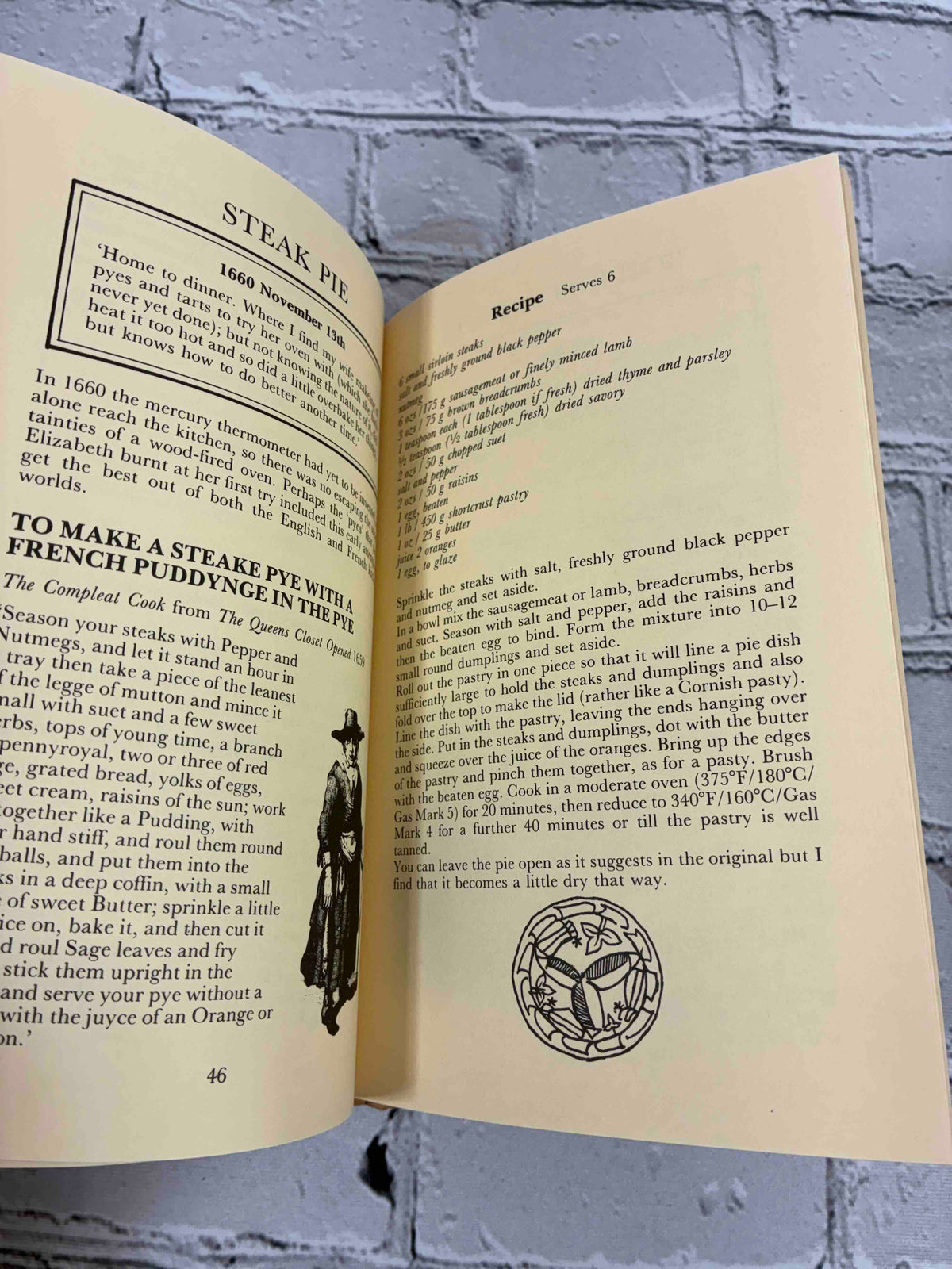 Pepys at Table by Christopher Driver and Michelle Berriedale-Johnson, 1984 Bell & Hyman hardcover - Steak Pie recipe pages with period illustration
