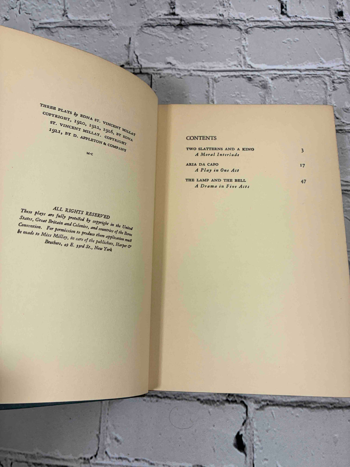 Three Plays by Edna St. Vincent Millay, 1928 Harper & Brothers hardcover - copyright page with printing code M-C and contents