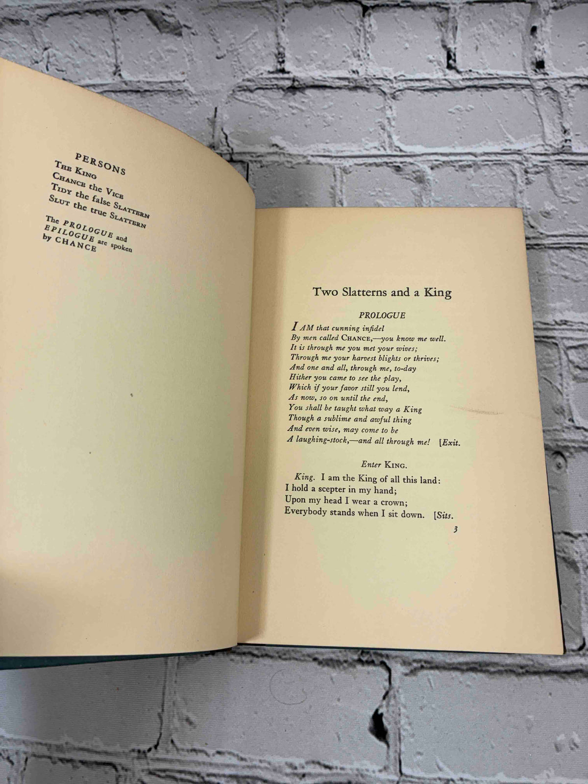 Three Plays by Edna St. Vincent Millay, 1928 Harper & Brothers hardcover - persons list and first page of Two Slatterns and a King