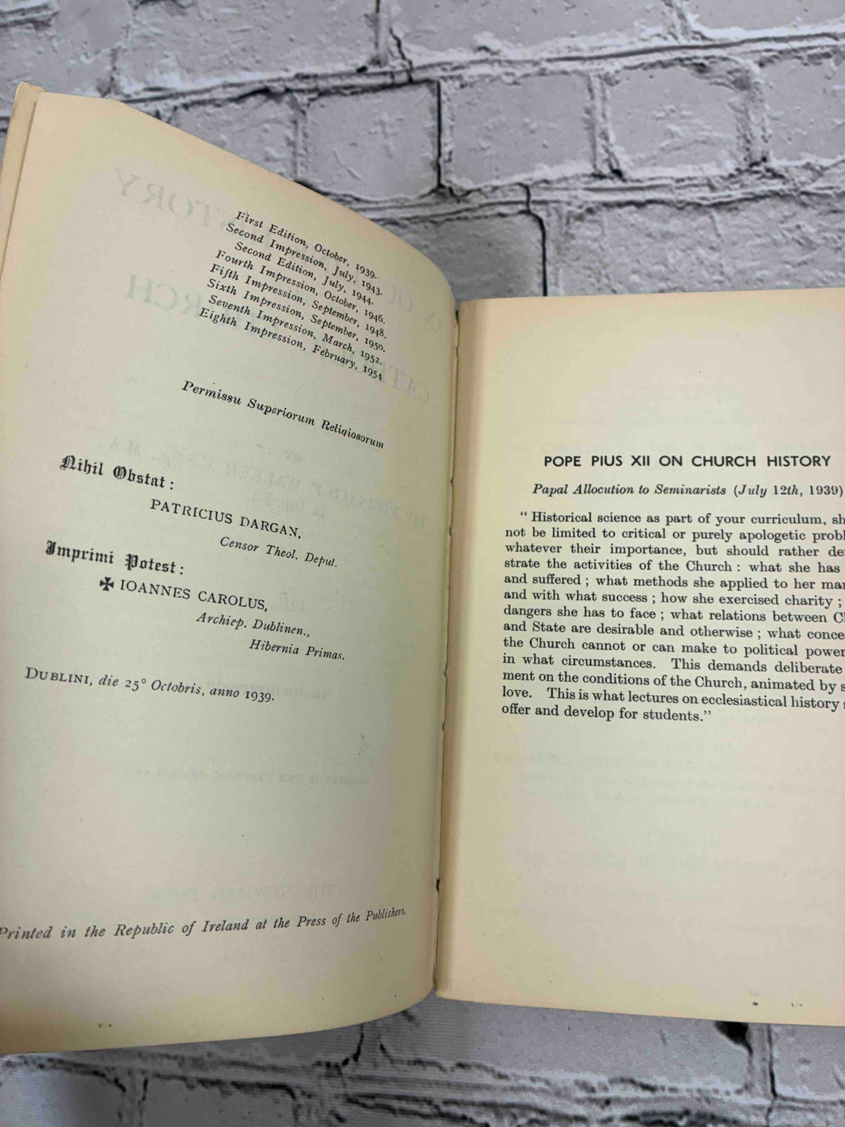An Outline History of the Catholic Church Vol. II by Reginald F. Walker, 1954 Newman Press paperback - copyright page with impressions list and frontispiece quotation