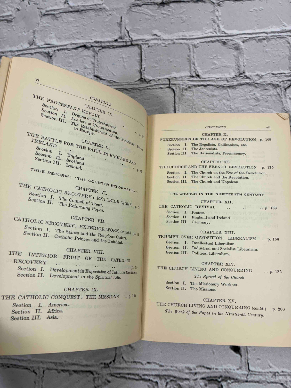 An Outline History of the Catholic Church Vol. II by Reginald F. Walker, 1954 Newman Press paperback - contents continued