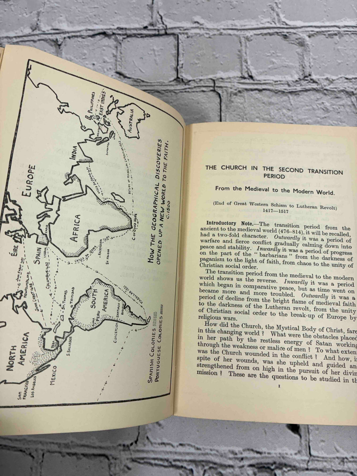 An Outline History of the Catholic Church Vol. II by Reginald F. Walker, 1954 Newman Press paperback - map of geographical discoveries and first text page