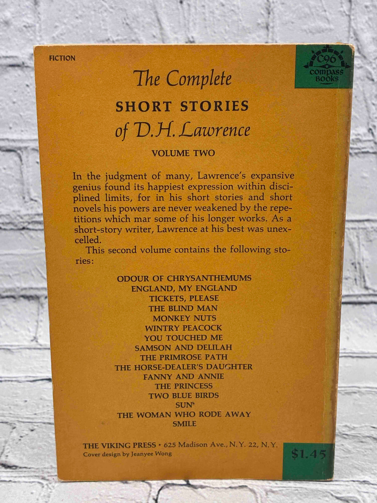The Complete Short Stories Volume Two by D. H. Lawrence, 1964 Viking Compass Books paperback - back cover with list of stories