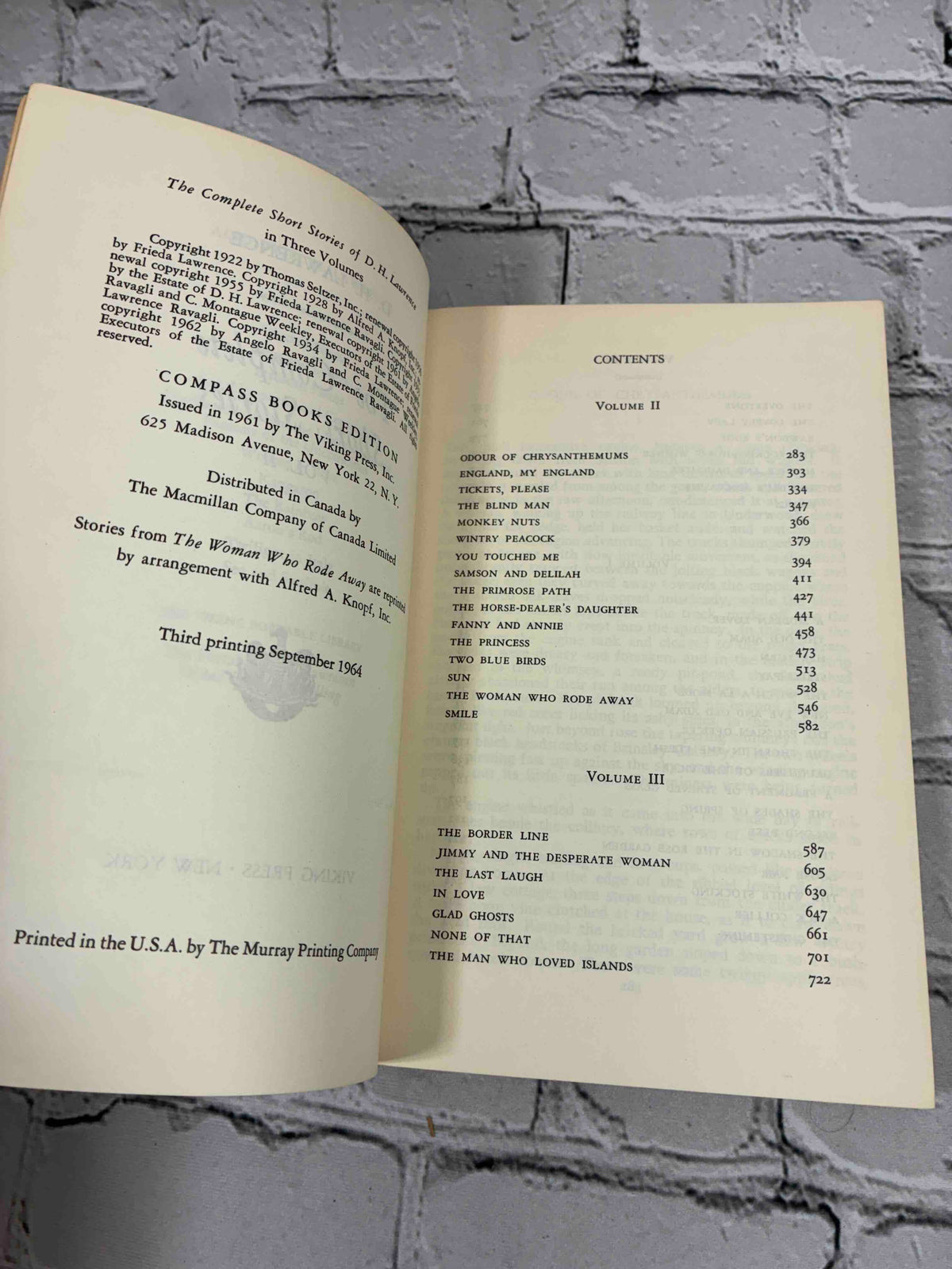 The Complete Short Stories Volume Two by D. H. Lawrence, 1964 Viking Compass Books paperback - copyright page and contents