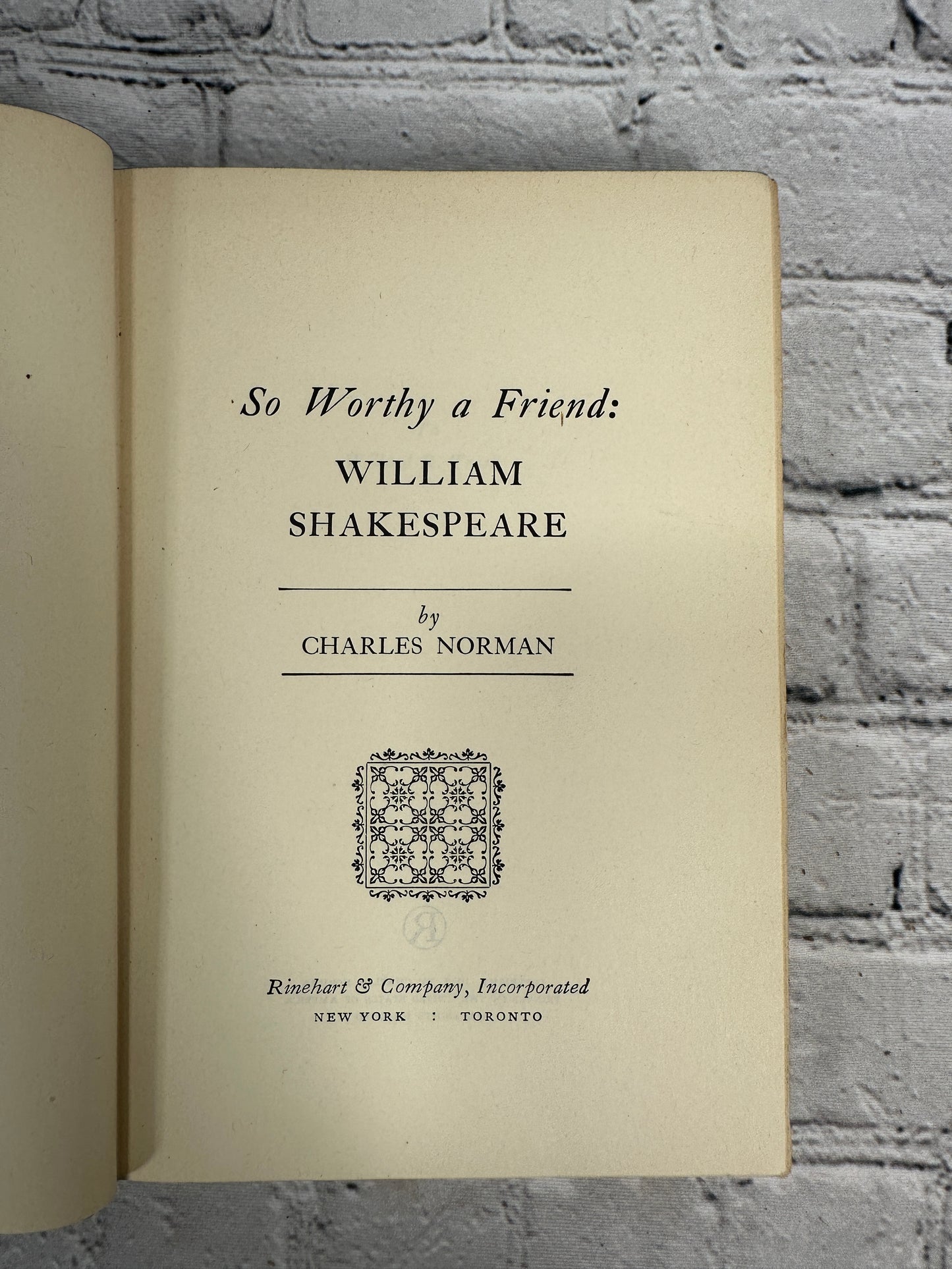 So Worthy a Friend William Shakespeare by Charles Norman