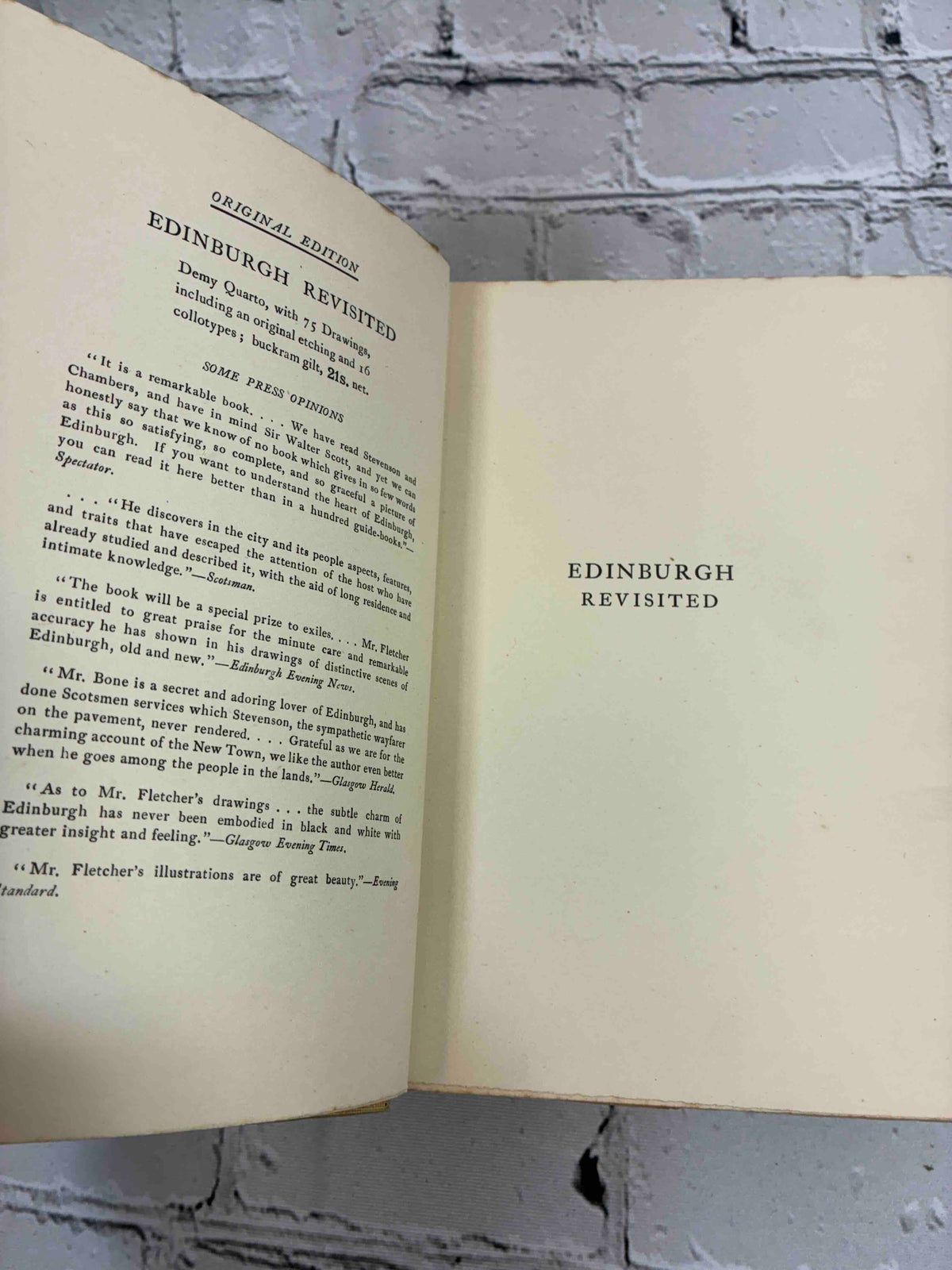 Edinburgh Revisited by James Bone, 1913 Sidgwick & Jackson hardcover - half title and original edition press opinions