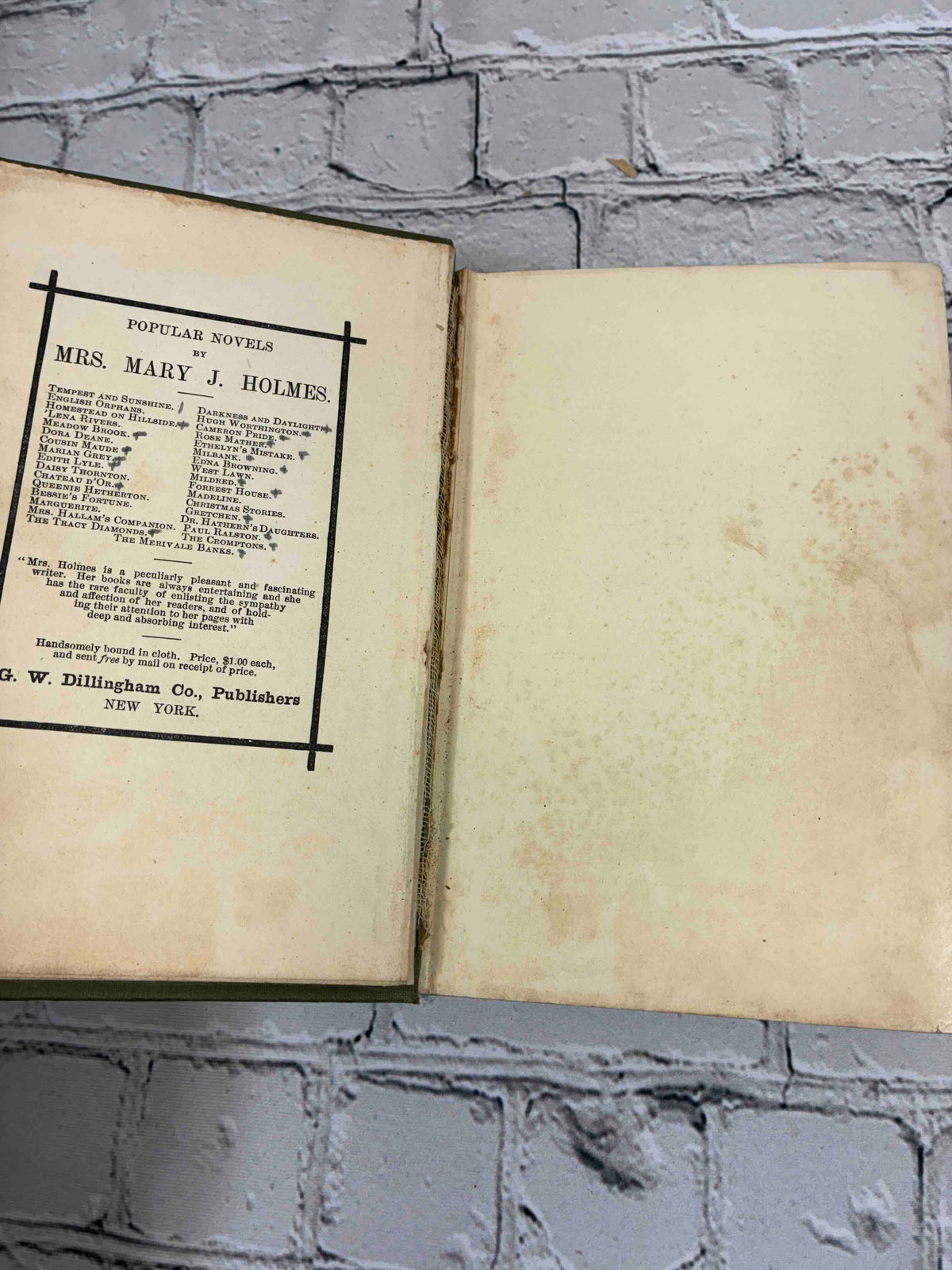 The Merivale Banks by Mary J. Holmes, 1903 G. W. Dillingham hardcover - publisher's list of Holmes novels and cracked hinge