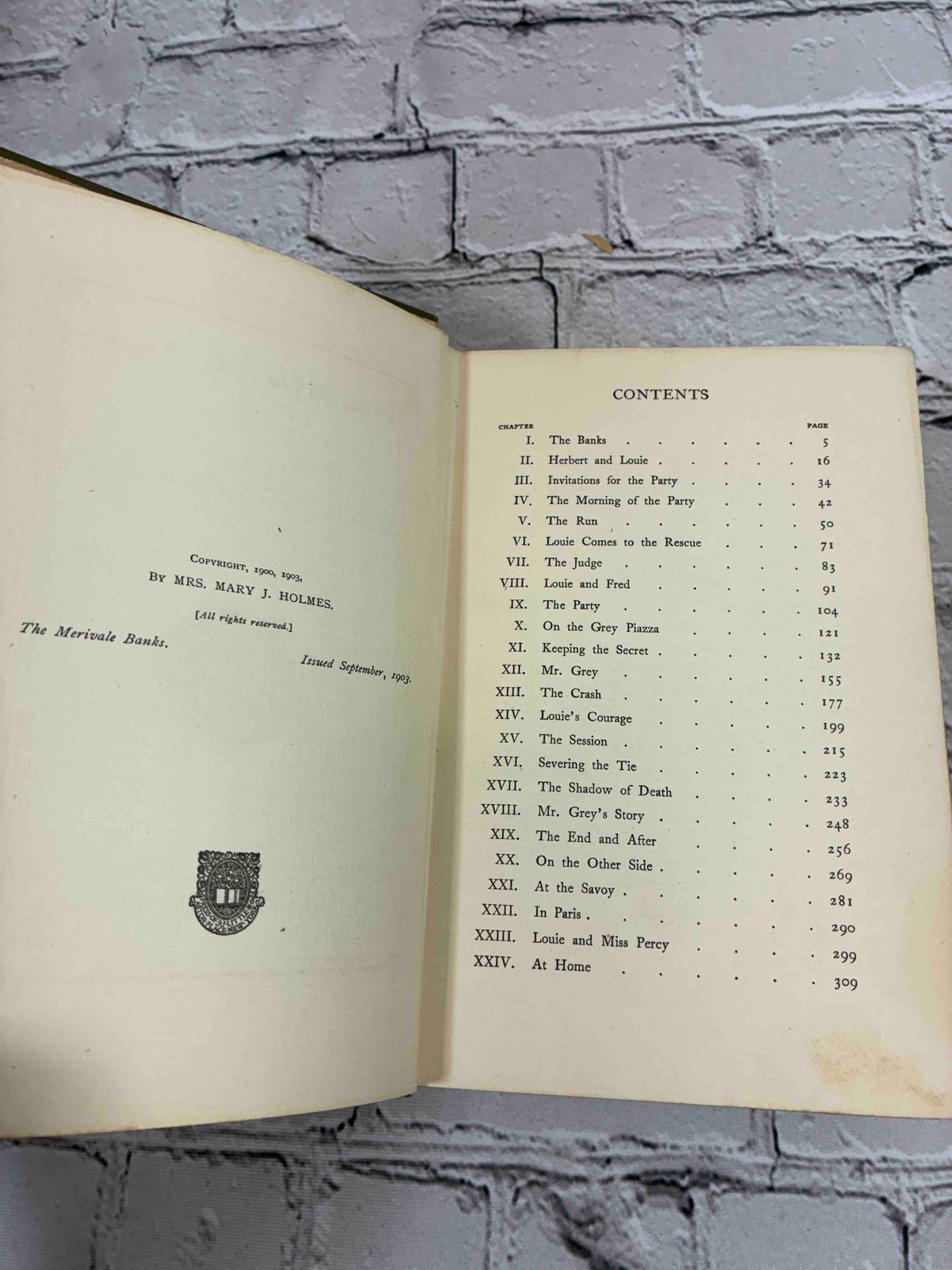 The Merivale Banks by Mary J. Holmes, 1903 G. W. Dillingham hardcover - copyright page and contents