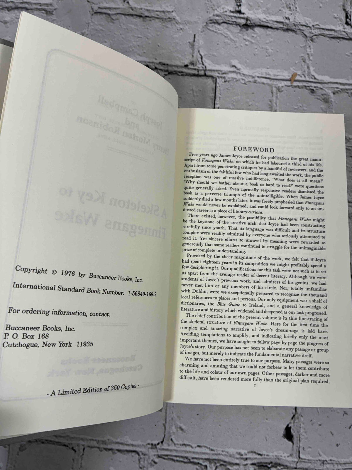 A Skeleton Key to Finnegans Wake by Joseph Campbell and Henry Morton Robinson, 1976 Buccaneer Books hardcover - copyright page with limited edition statement and foreword