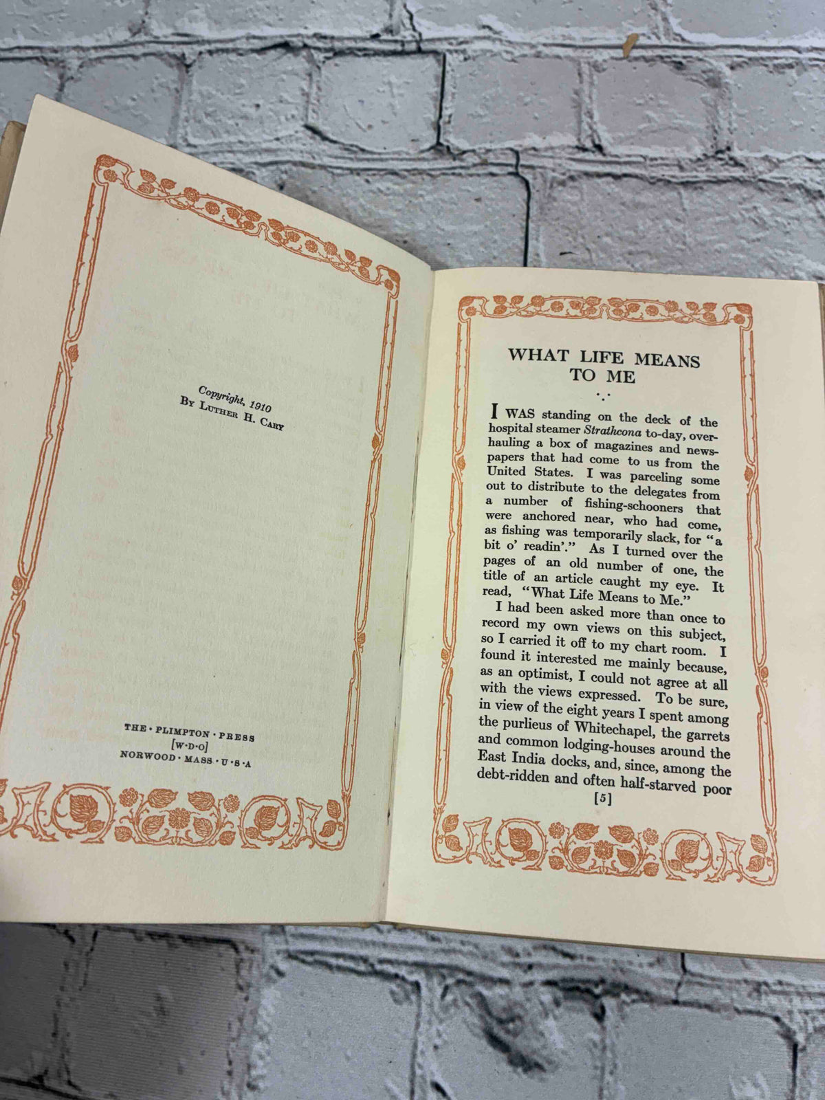 What Life Means to Me by Wilfred T. Grenfell, 1910 Pilgrim Press hardcover - copyright page and first page of text