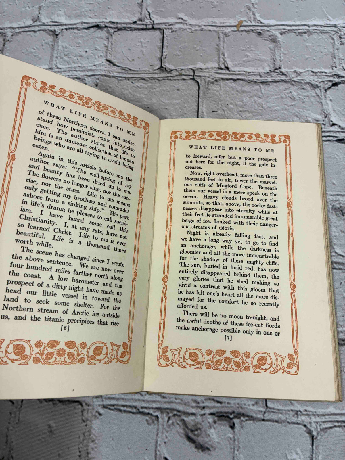What Life Means to Me by Wilfred T. Grenfell, 1910 Pilgrim Press hardcover - sample pages with decorative borders