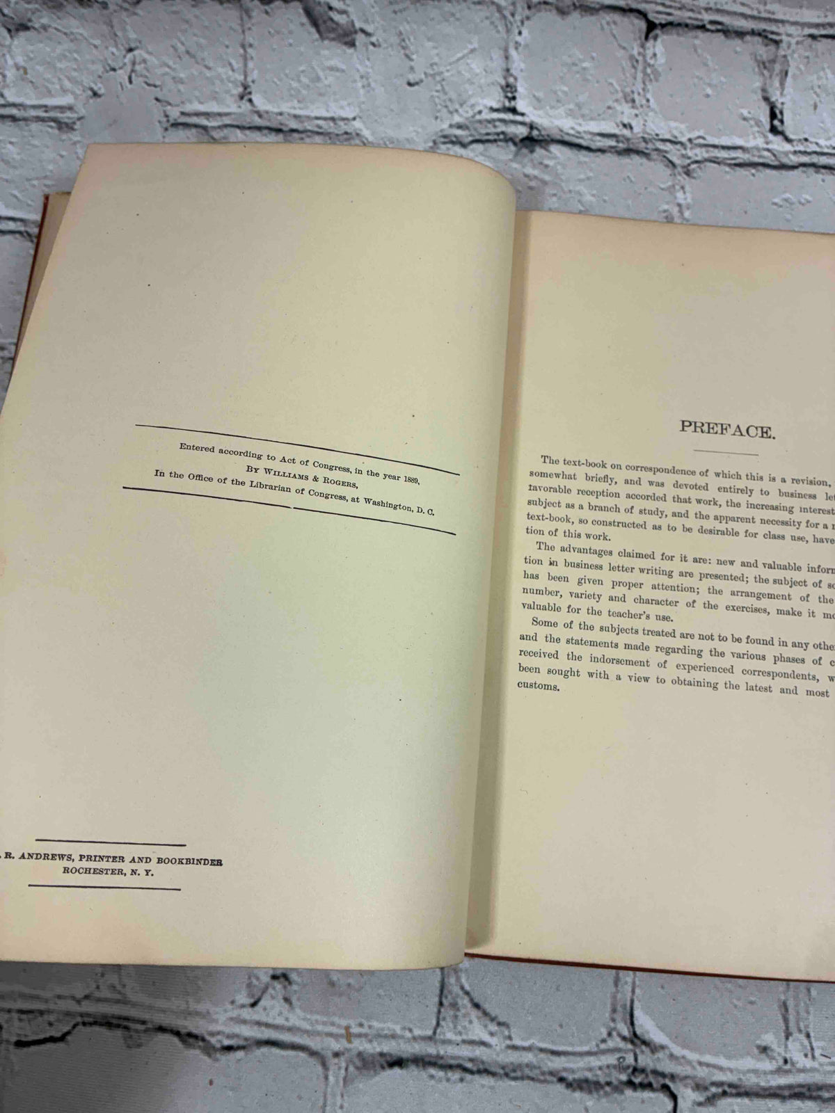 Business and Social Correspondence, 1895 Williams & Rogers hardcover - copyright page and preface