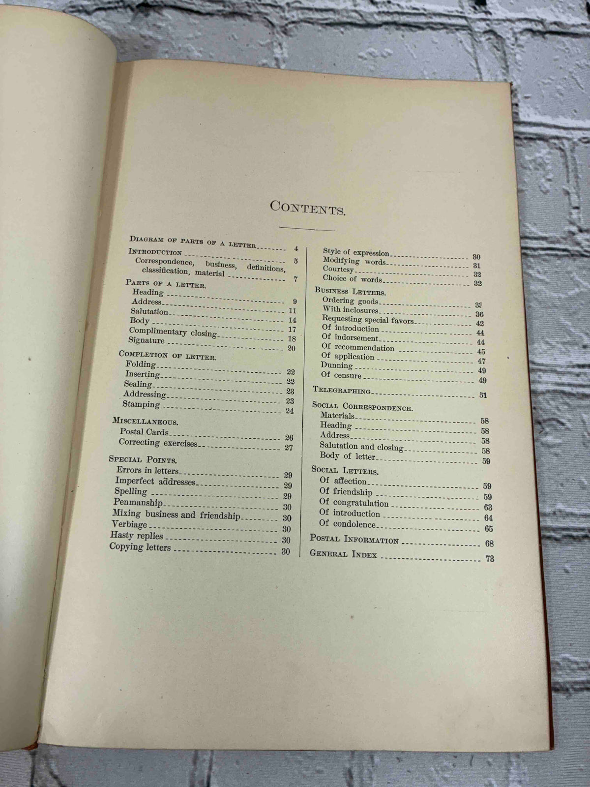 Business and Social Correspondence, 1895 Williams & Rogers hardcover - contents