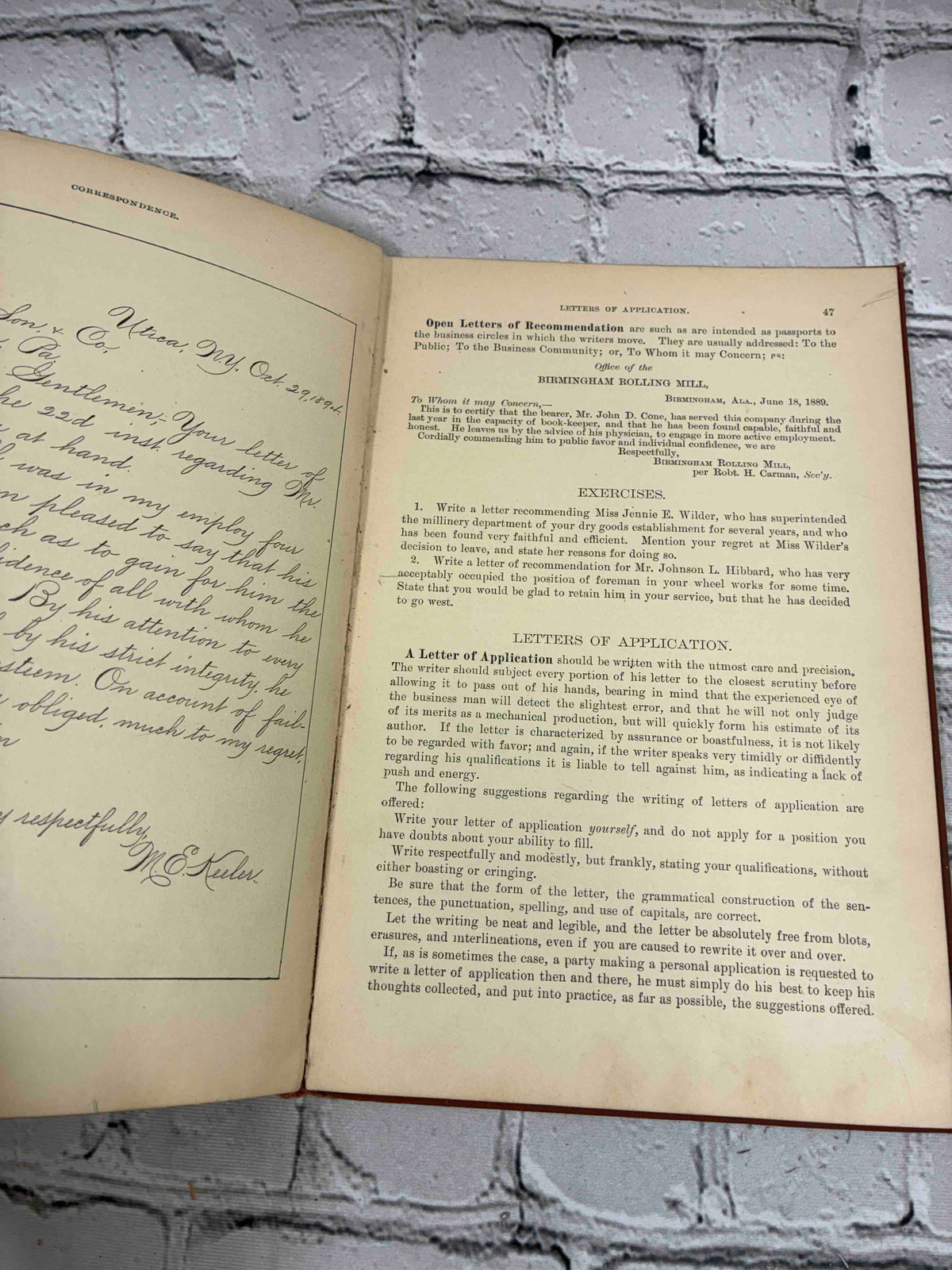 Business and Social Correspondence, 1895 Williams & Rogers hardcover - specimen script letter and letters of application