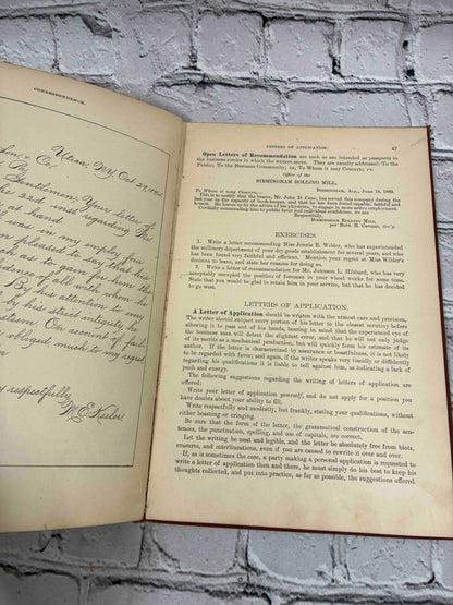 Business and Social Correspondence, 1895 Williams & Rogers hardcover - specimen script letter and letters of application