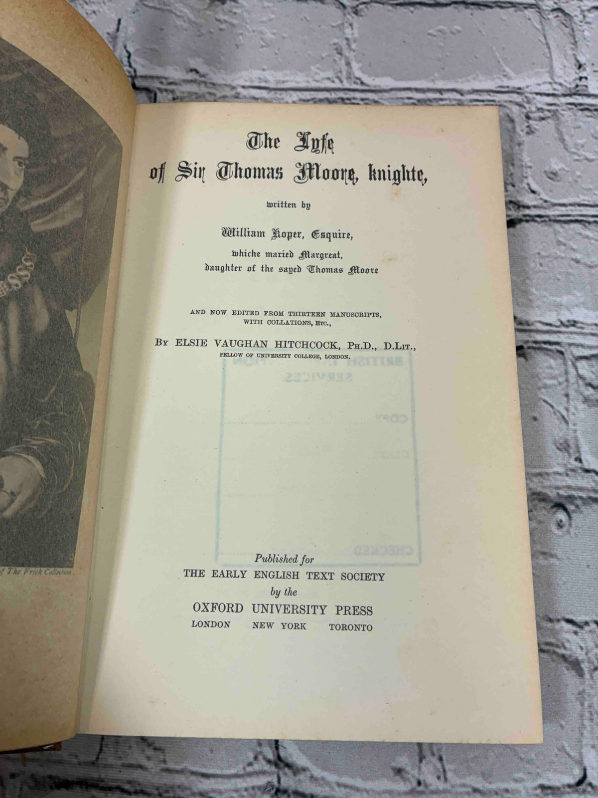 The Lyfe of Sir Thomas Moore by William Roper, 1958 Oxford University Press hardcover - title page