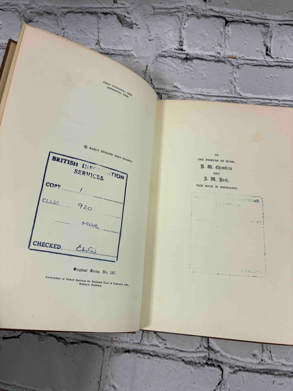 The Lyfe of Sir Thomas Moore by William Roper, 1958 Oxford University Press hardcover - copyright page with library stamp and dedication