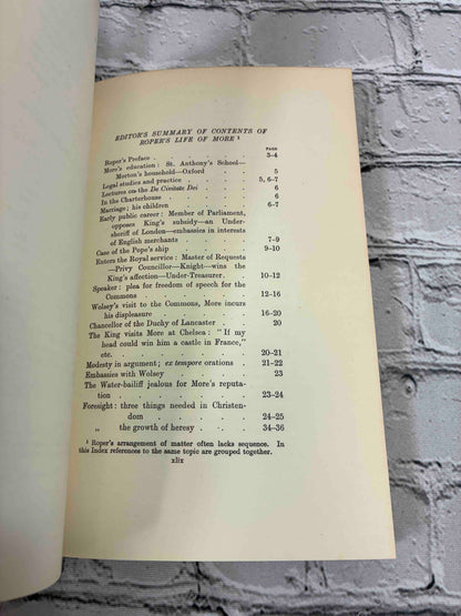The Lyfe of Sir Thomas Moore by William Roper, 1958 Oxford University Press hardcover - summary of contents
