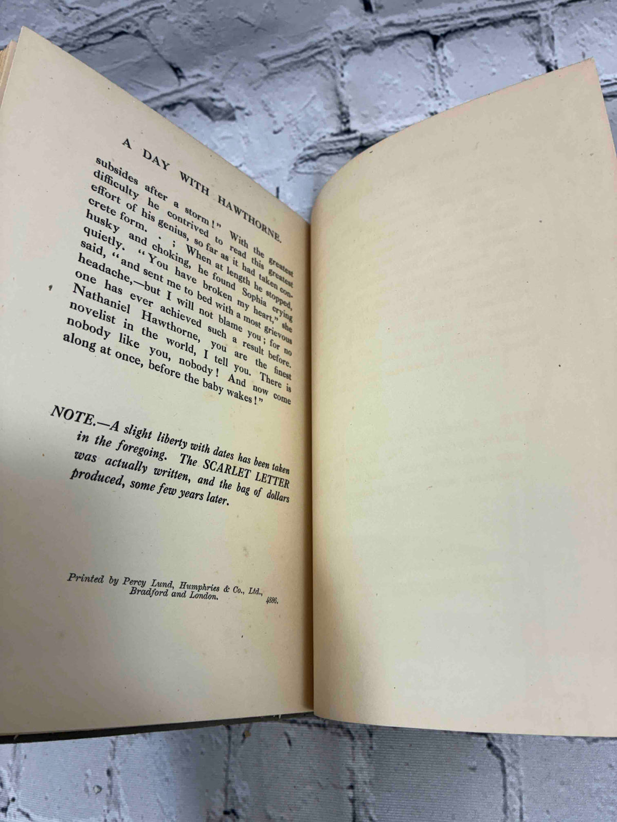 A Day with Nathaniel Hawthorne by May Byron, Hodder & Stoughton hardcover - final page with printer's imprint
