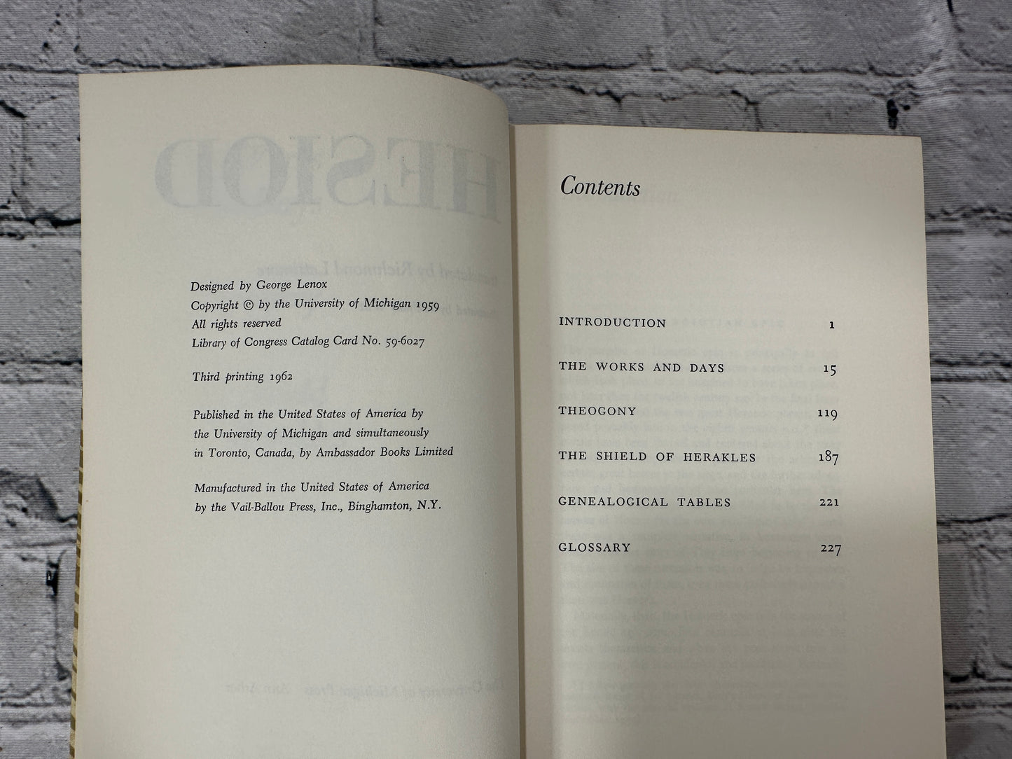 Hesiod: Translated by Richmond Lattimore [1962 · 3rd Printing]