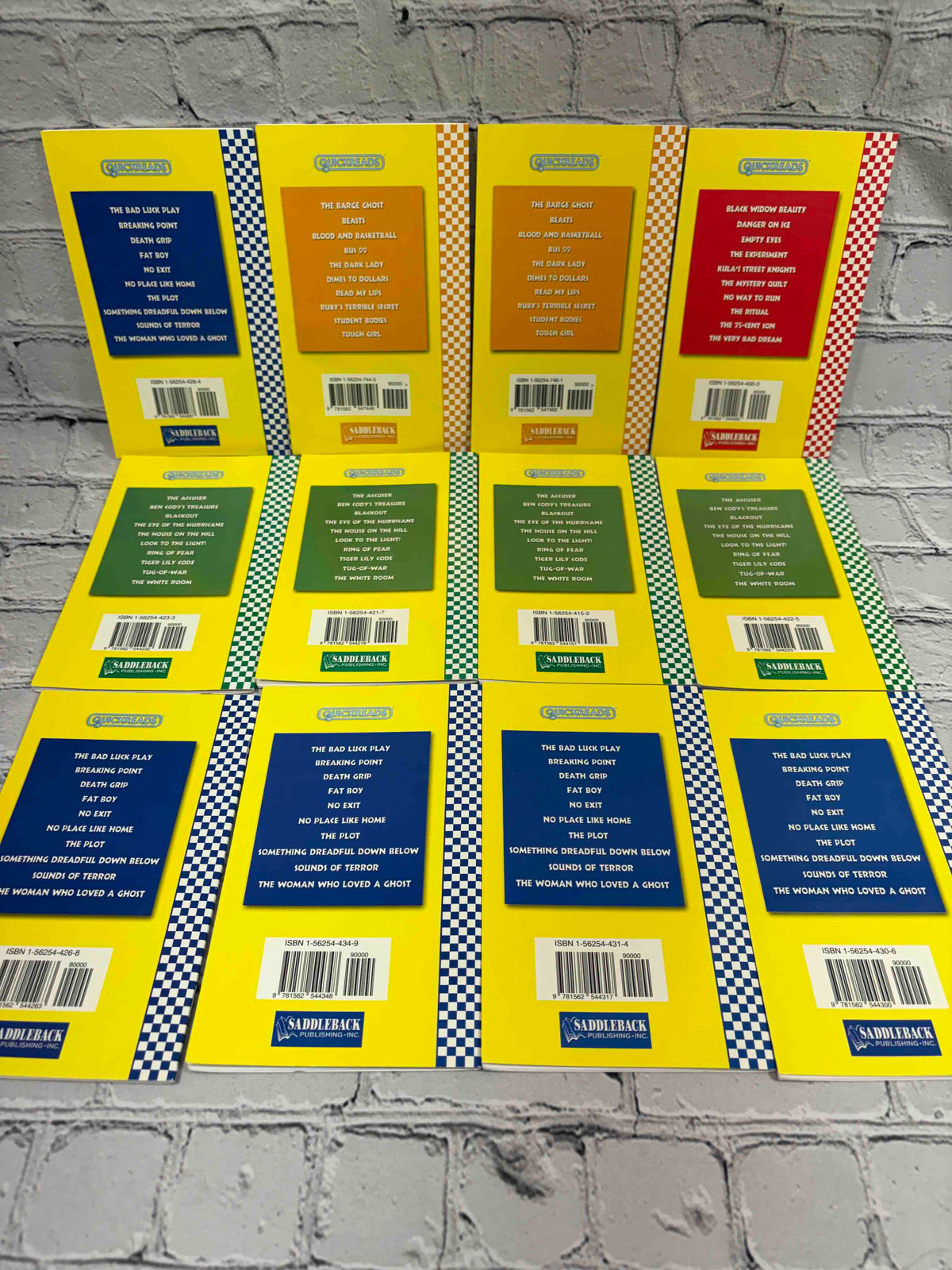 Lot of 12 Saddleback Quickreads paperbacks - rear covers of all 12 books