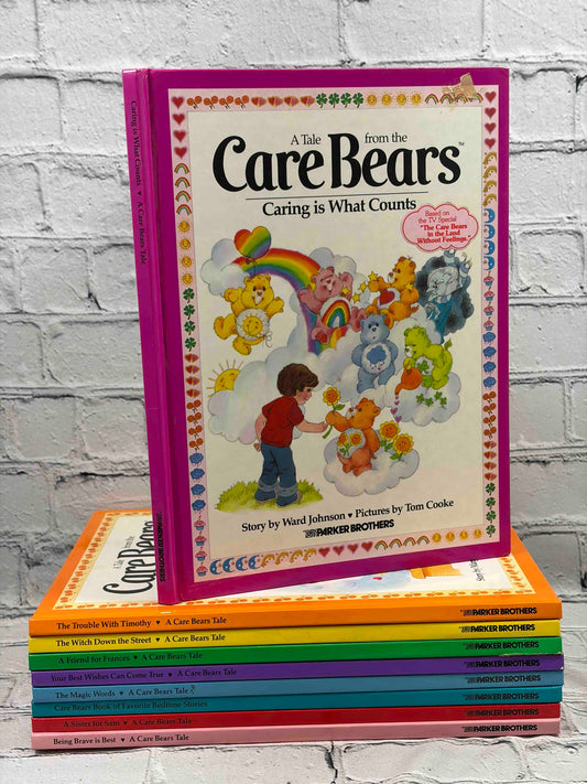 A Tale from the Care Bears lot of 9 hardcovers, Parker Brothers 1983-1984 - stack of all nine books with Caring is What Counts on top
