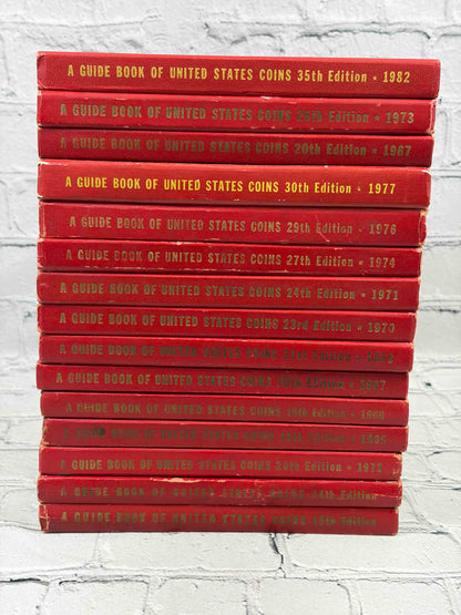 A Guide Book of United States Coins (Red Book) lot of 15 by R. S. Yeoman, 1961-1982 - spines of all 15 volumes
