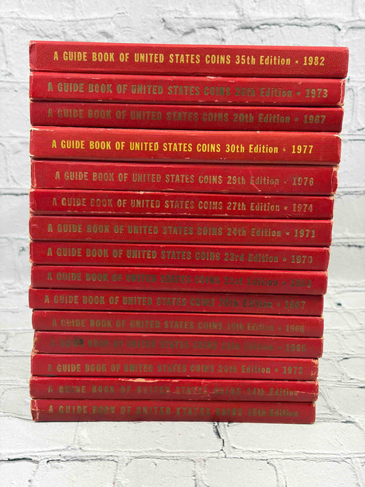A Guide Book of United States Coins (Red Book) lot of 15 by R. S. Yeoman, 1961-1982 - spines of all 15 volumes