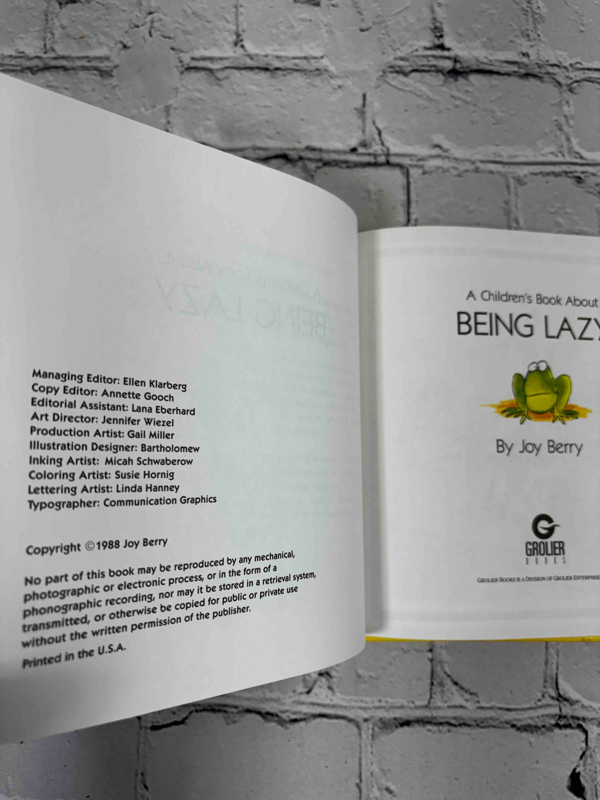 A Children's Book About Being Lazy by Joy Berry, 1988 Grolier - title and copyright pages