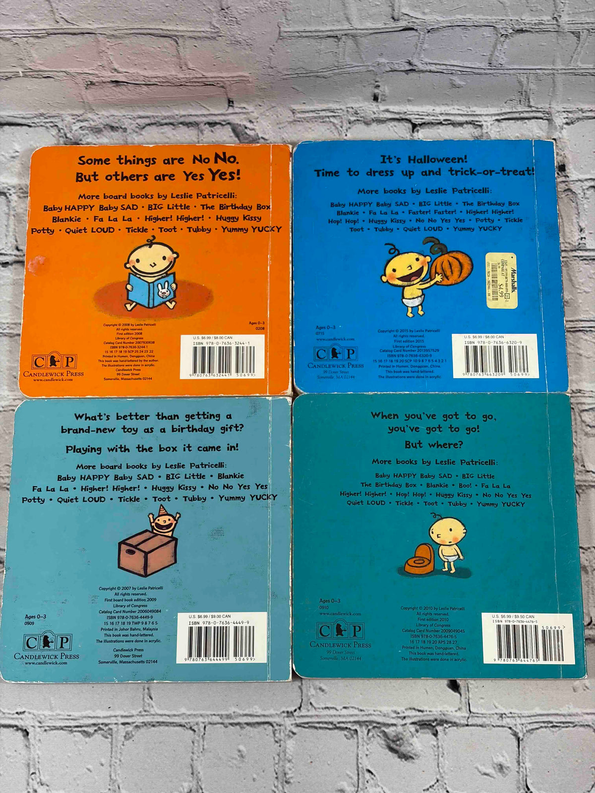 Leslie Patricelli board book lot of 12, Candlewick Press - back covers with ISBNs and Marshalls price sticker