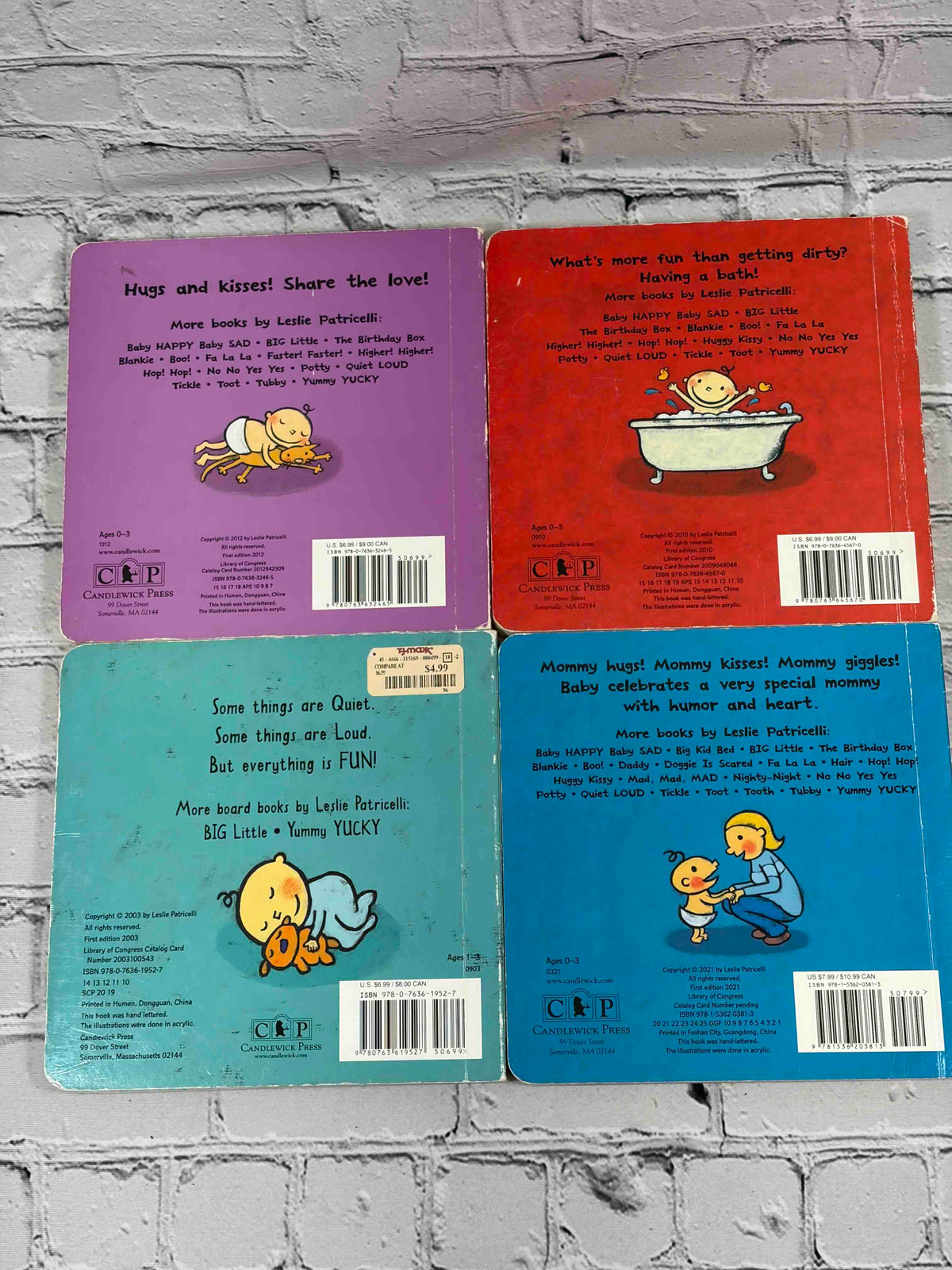 Leslie Patricelli board book lot of 12, Candlewick Press - back covers with T.J. Maxx price sticker
