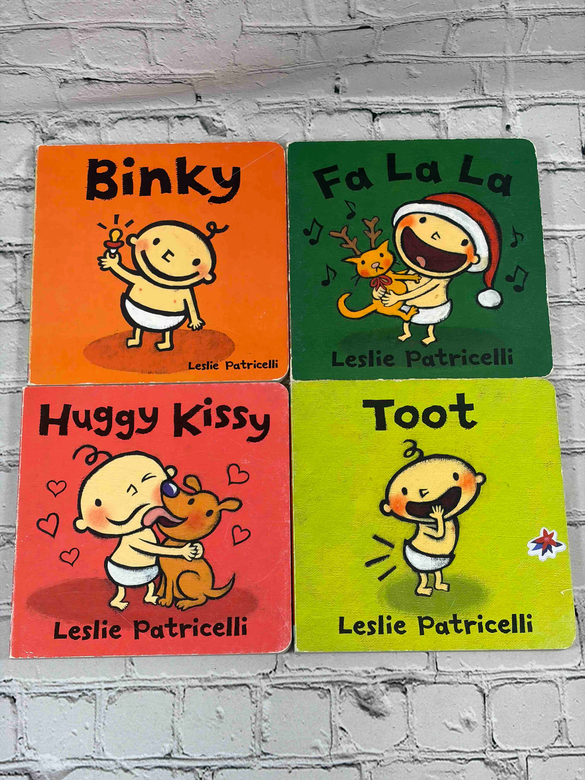 Leslie Patricelli board book lot of 12, Candlewick Press - front covers of Binky, Fa La La, Huggy Kissy and Toot