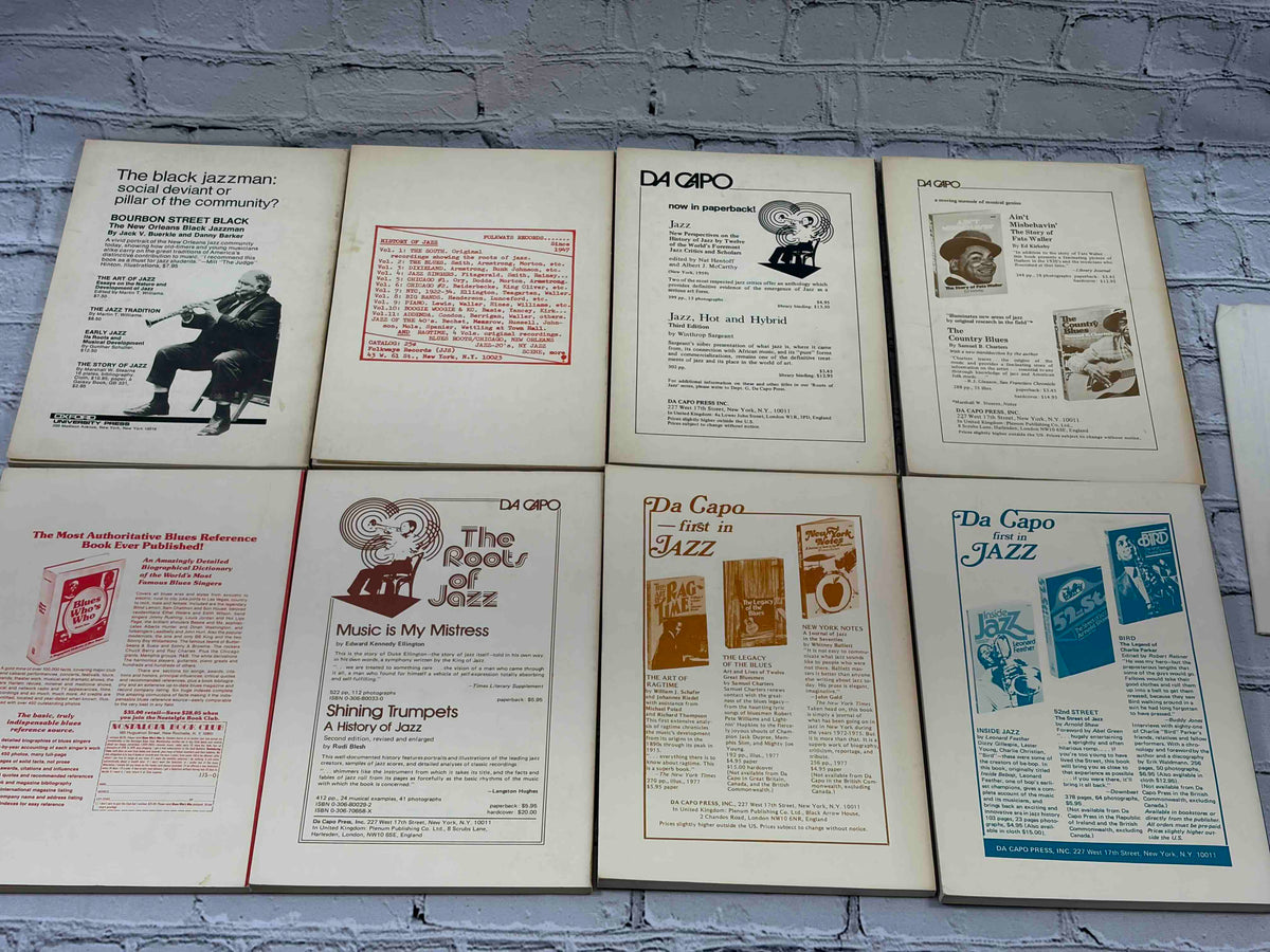 Journal of Jazz Studies lot of 8 issues, 1973-1979 - rear covers of all 8 issues