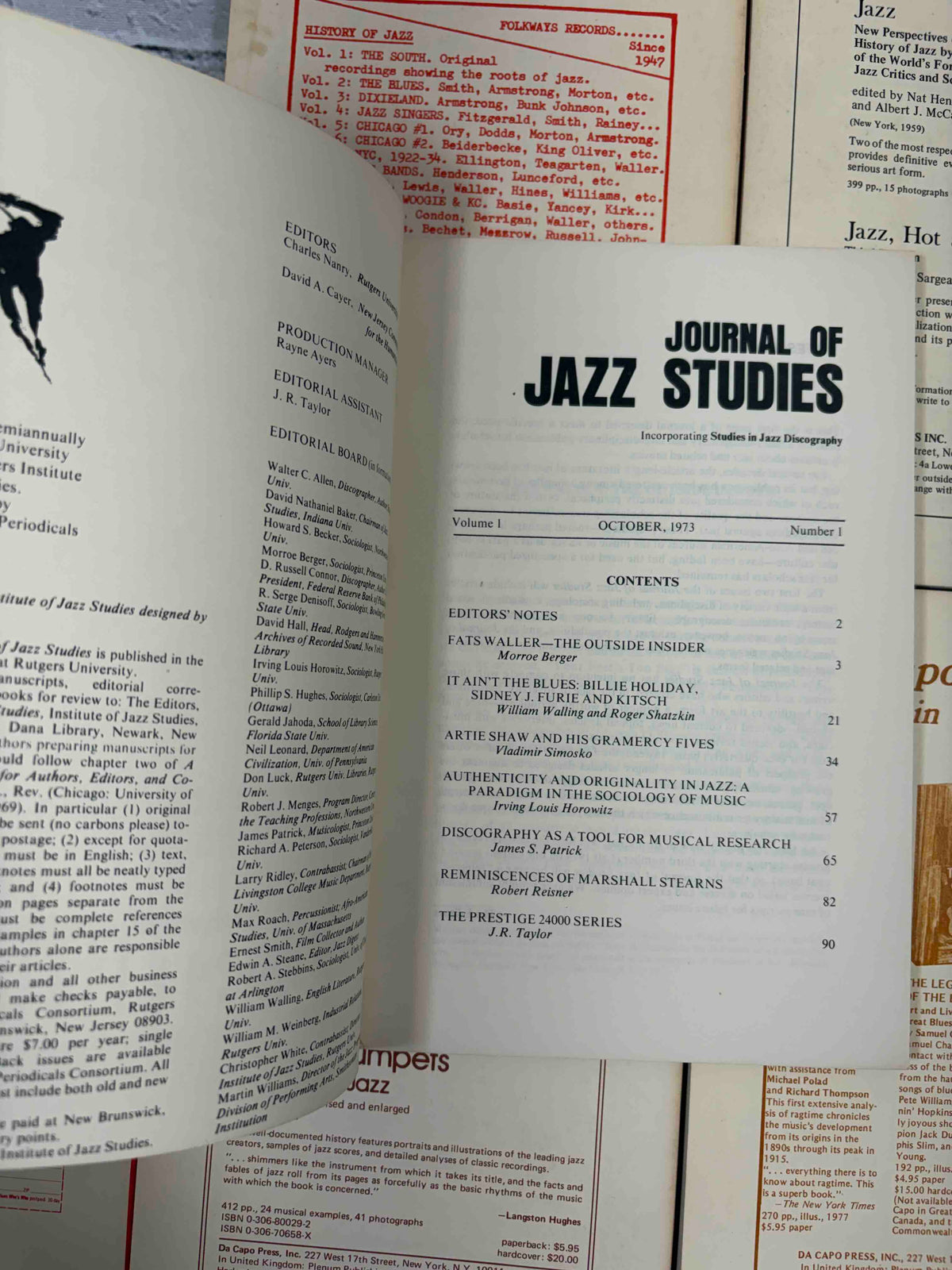 Journal of Jazz Studies lot of 8 issues, 1973-1979 - Volume 1 Number 1 contents page