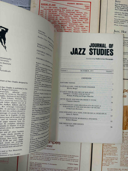 Journal of Jazz Studies lot of 8 issues, 1973-1979 - Volume 1 Number 1 contents page