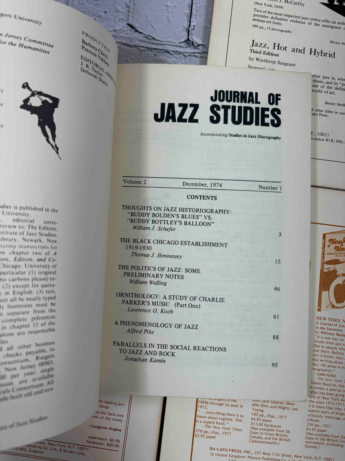Journal of Jazz Studies lot of 8 issues, 1973-1979 - Volume 2 Number 1 contents page