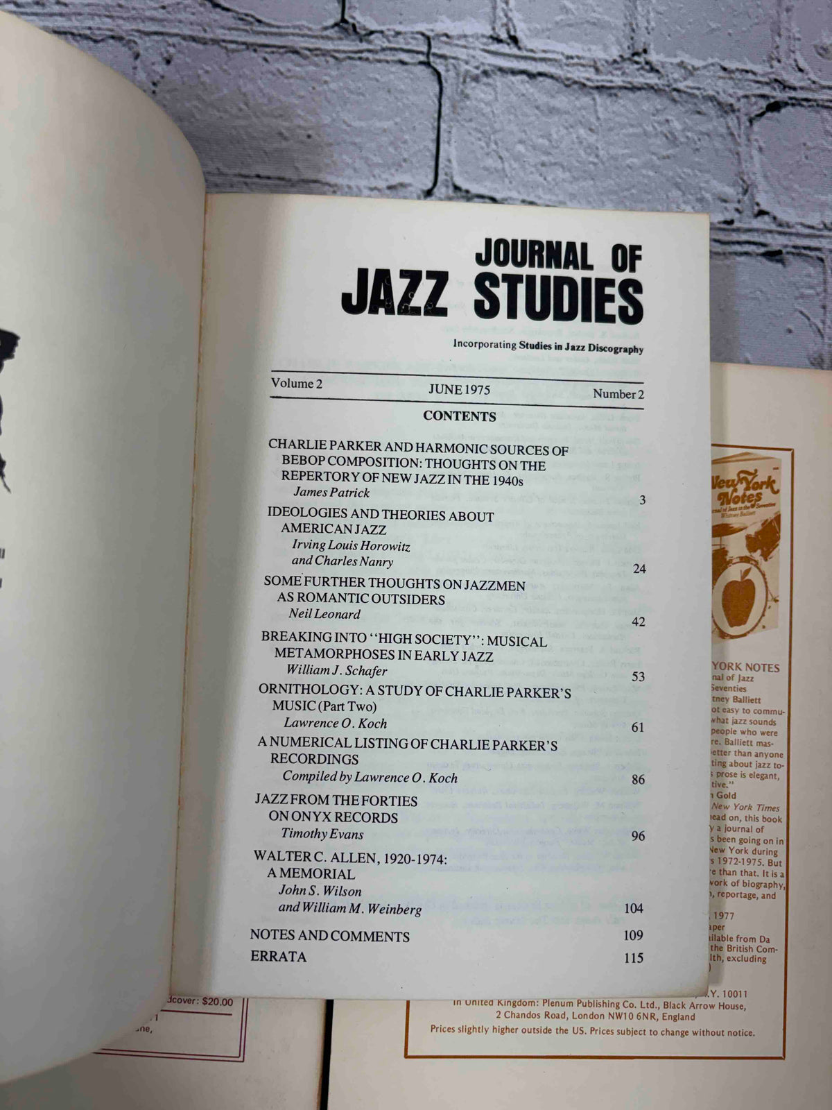 Journal of Jazz Studies lot of 8 issues, 1973-1979 - Volume 2 Number 2 contents page