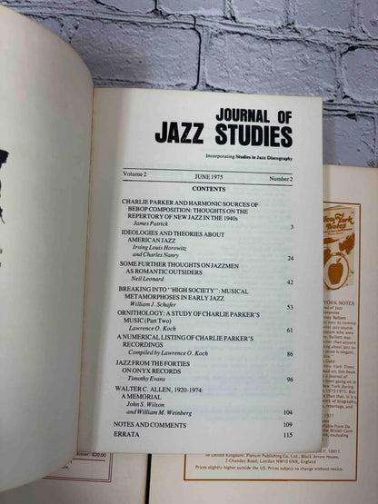 Journal of Jazz Studies lot of 8 issues, 1973-1979 - Volume 2 Number 2 contents page