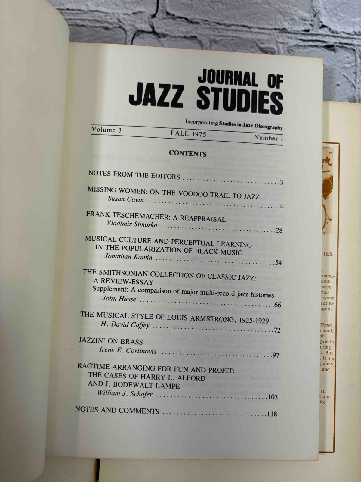 Journal of Jazz Studies lot of 8 issues, 1973-1979 - Volume 3 Number 1 contents page