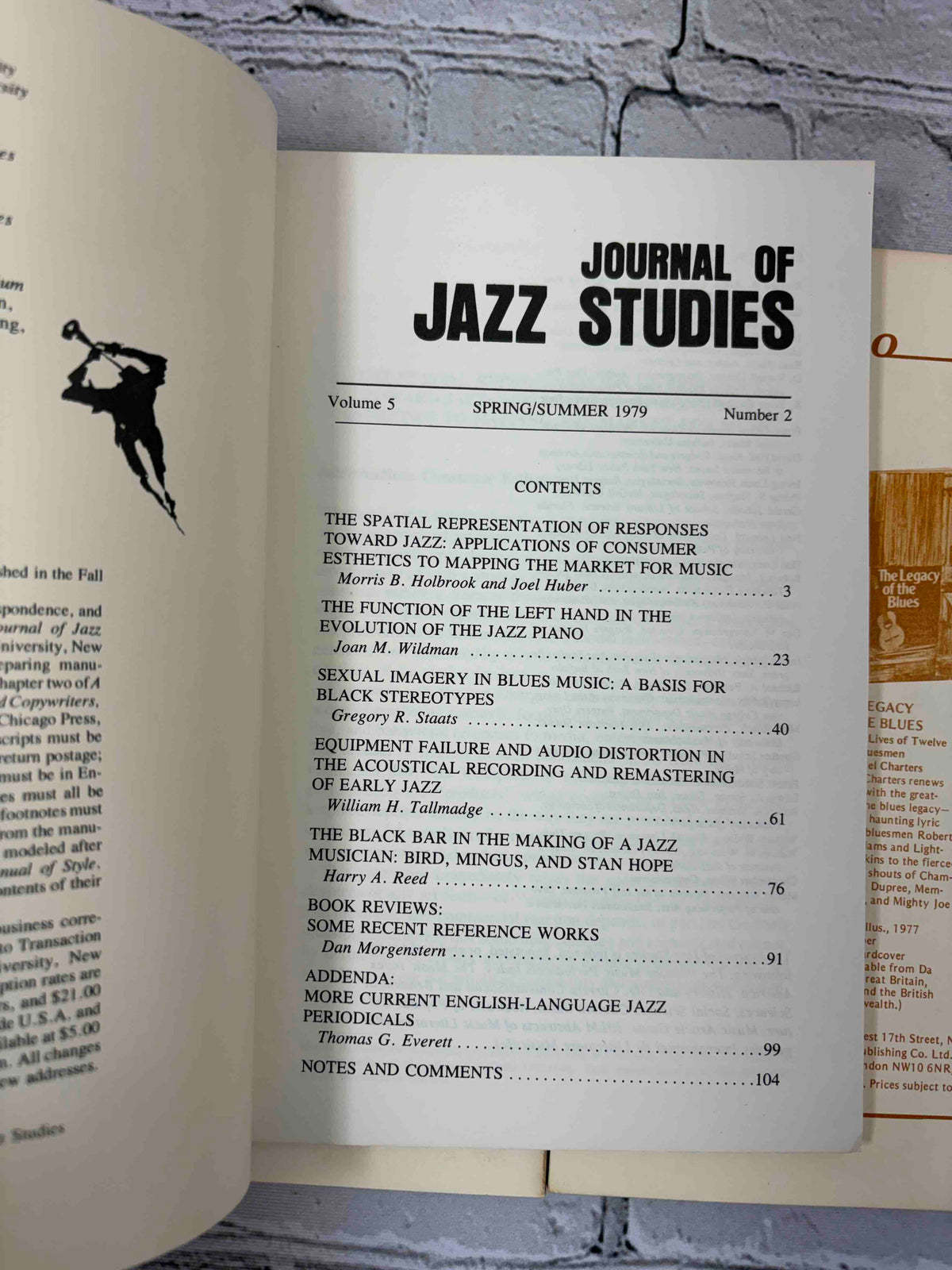 Journal of Jazz Studies lot of 8 issues, 1973-1979 - Volume 5 Number 2 contents page