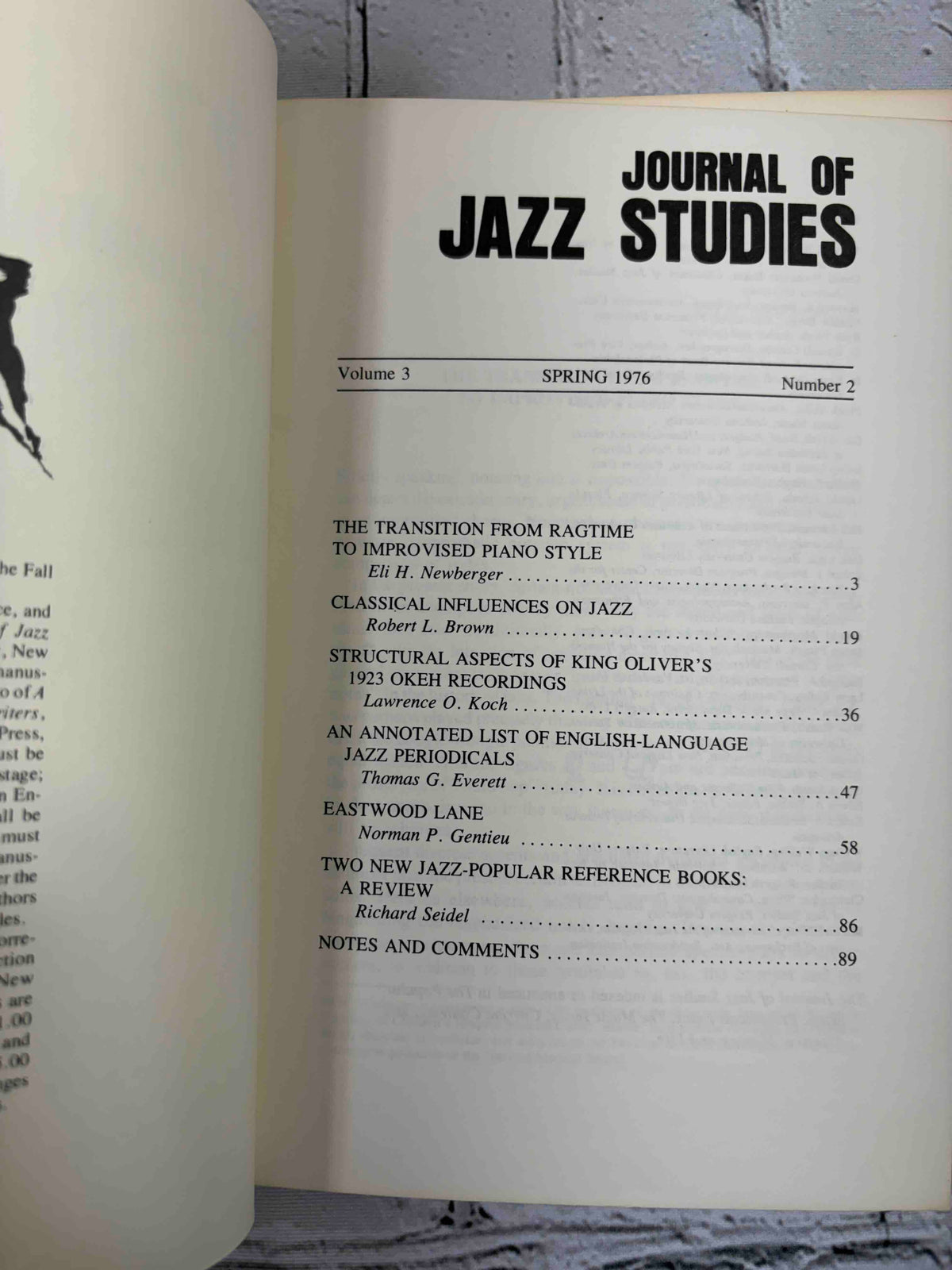 Journal of Jazz Studies lot of 8 issues, 1973-1979 - Volume 3 Number 2 contents page