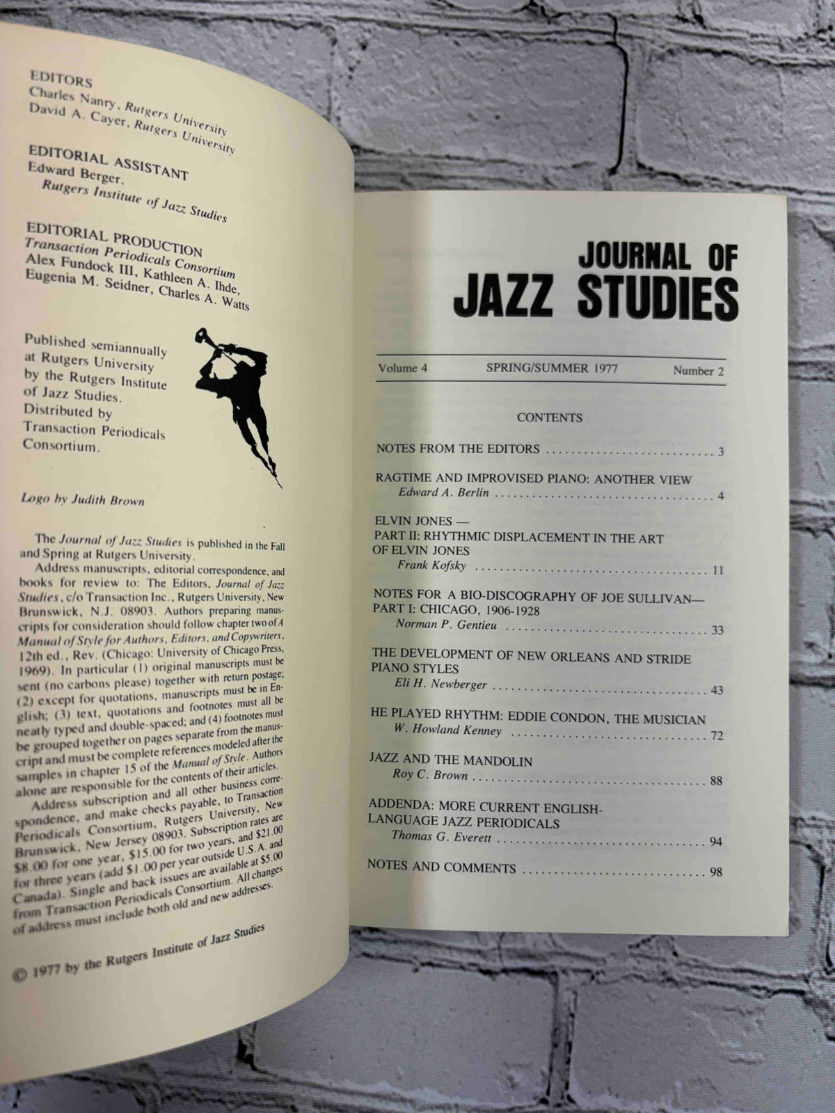 Journal of Jazz Studies lot of 8 issues, 1973-1979 - Volume 4 Number 2 contents page