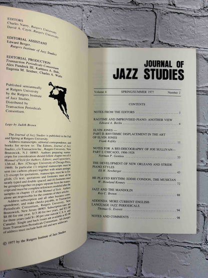 Journal of Jazz Studies lot of 8 issues, 1973-1979 - Volume 4 Number 2 contents page