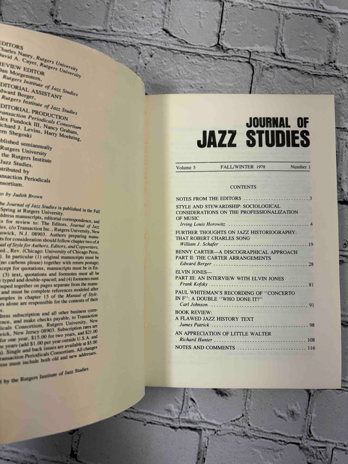 Journal of Jazz Studies lot of 8 issues, 1973-1979 - Volume 5 Number 1 contents page
