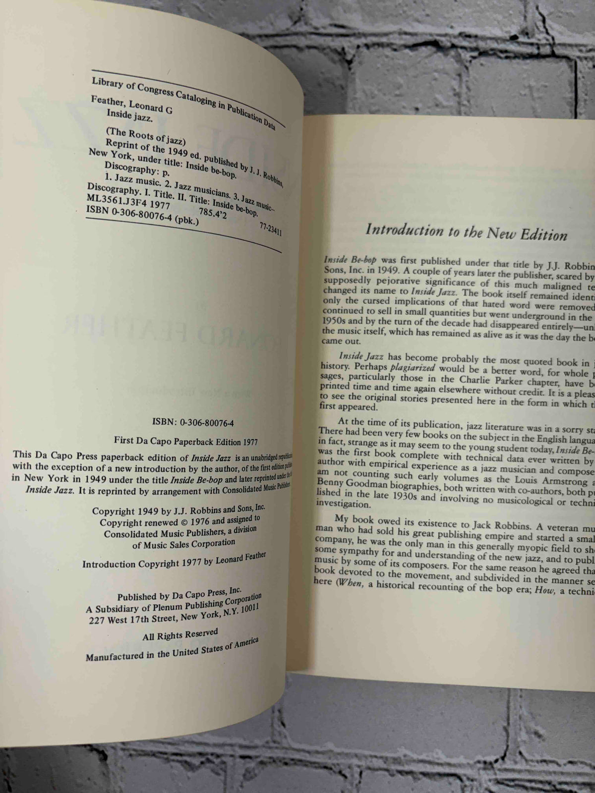 Inside Jazz by Leonard Feather, 1977 Da Capo paperback - copyright page and introduction