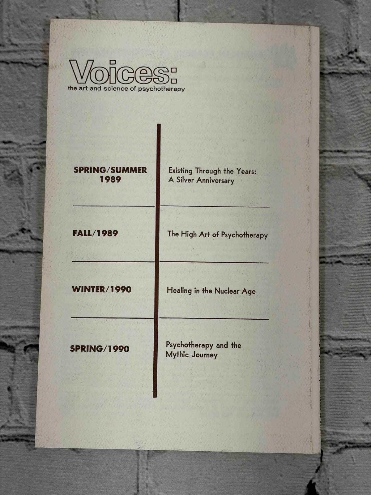 Voices: The Art and Science of Psychotherapy, Winter 1989 - back cover