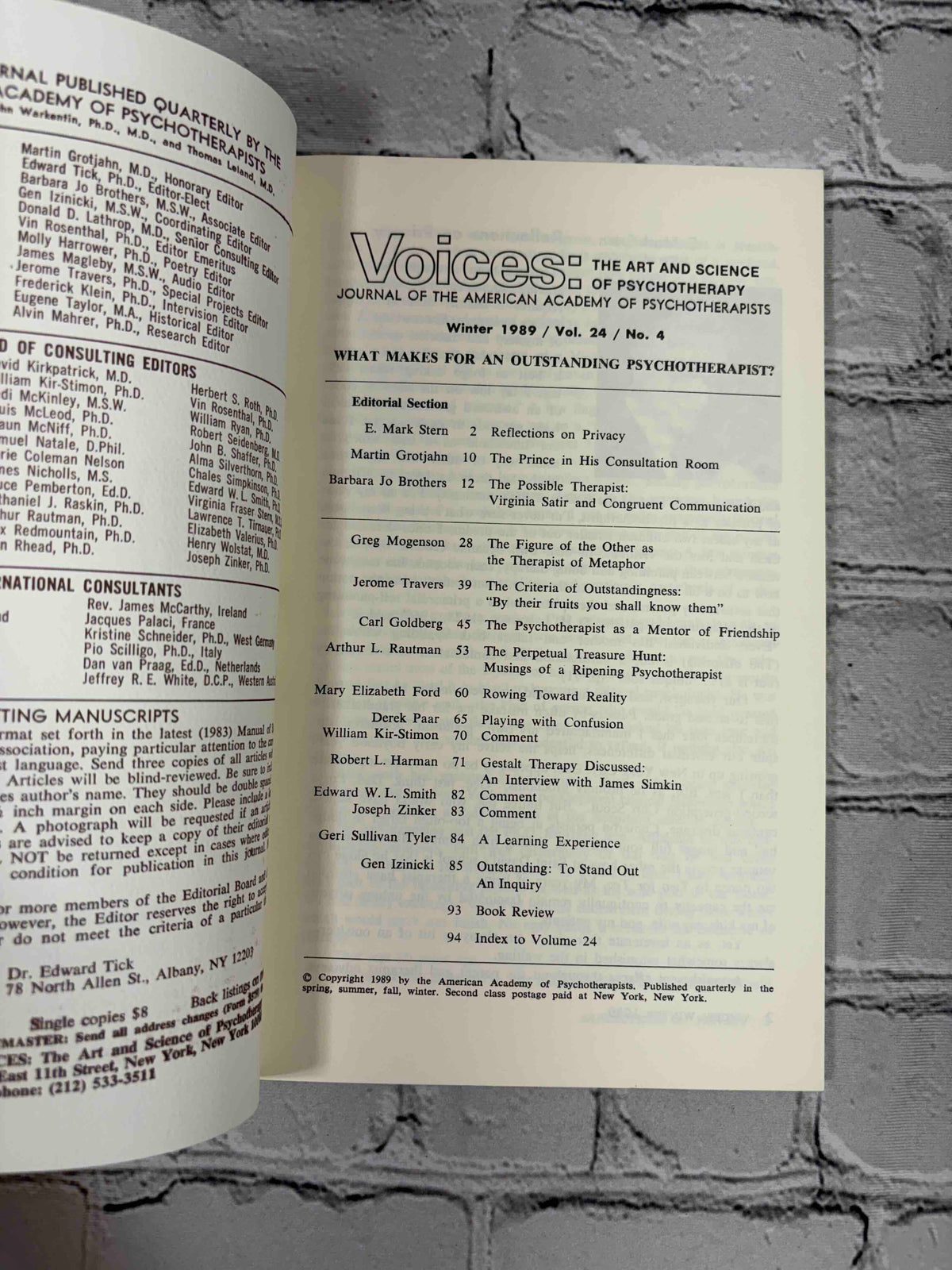 Voices: The Art and Science of Psychotherapy, Winter 1989 - contents page and masthead