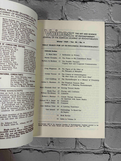 Voices: The Art and Science of Psychotherapy, Winter 1989 - contents page and masthead
