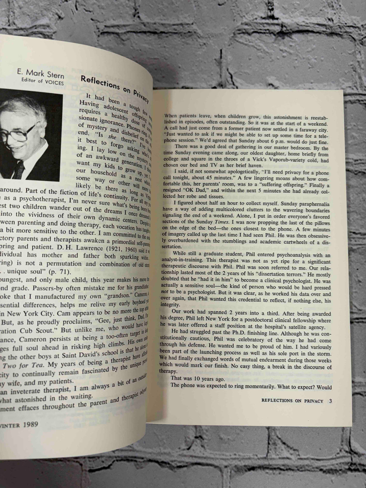 Voices: The Art and Science of Psychotherapy, Winter 1989 - Reflections on Privacy by E. Mark Stern